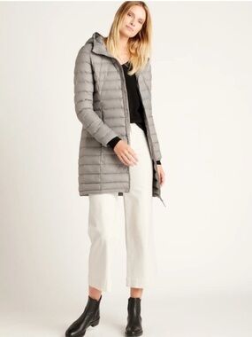 Quince Down Filled Hooded Lightweight Packable Grey Long Puffer Coat Size S